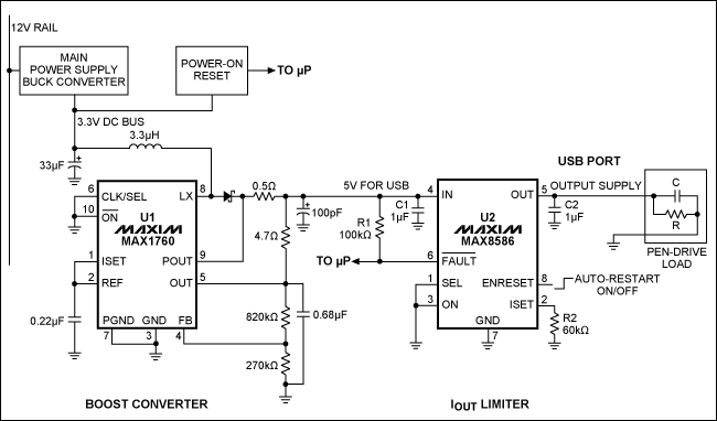 圖1。同時(shí)為5V的USB端口，該電路也限制在插入時(shí)刻峰值浪涌電流（在USB接口），并限制在500mA的工作電流所需要的端口。