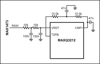 圖9. 使用MAXQ3212上的比較器測量模擬信號強度。