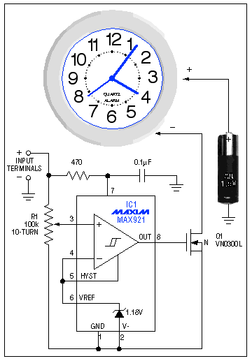 Figure 1. This inexpensive clock tracks the operating time for a battery-powered portable system. When the battery voltage (or a selected output) drops below the discharge threshold set by R1, the stopped clock retains the elapsed operating time.