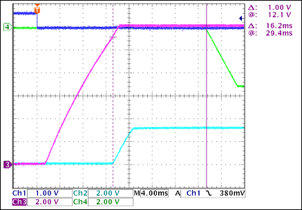 圖3. +3.3V至-5V接通延時(shí)，沒(méi)有負(fù)載Ch1 = Q8BASE, Ch2 = +3.3VOUT, Ch3 = +12VOUT, Ch4 = -5VOUT注釋：+3.3VOUT和-5VOUT之間有16.2ms延時(shí)。