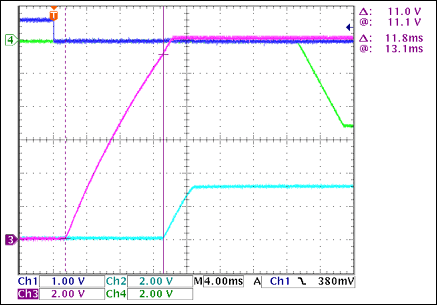 圖2. +12V至+3.3V接通延時(shí)，沒(méi)有負(fù)載Ch1 = Q8BASE(CARD_PRESENT), Ch2 = +3.3VOUT, Ch3 = +12VOUT, Ch4 = -5VOUT注釋：+12VOUT和+3.3VOUT之間有11.8ms延時(shí)。