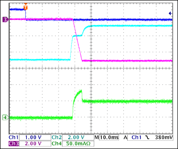 圖10. -5V接通波形，100Ω阻性負(fù)載 = 50mA Ch1 = Q8BASE, Ch2 = -5VGATE, Ch3 = -5VOUT, Ch4 = IIN(-5V) 注釋：-5V擺率大約為1V/ms。