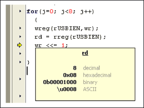 圖10. 采用MAXQ2000微控制器的Rowley CrossStudio開發(fā)工具，單步執(zhí)行，檢查變量值。將光標(biāo)指向“rd”，其數(shù)值會(huì)彈出。