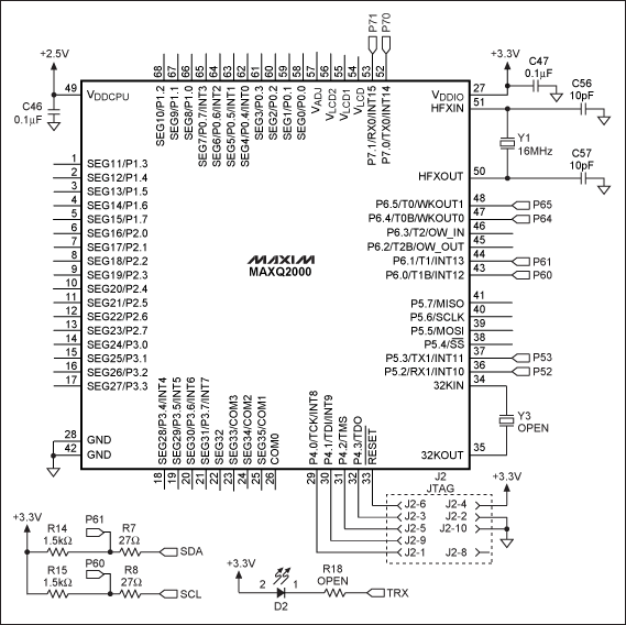 圖3. 該原理圖(基于MAXQ2000低功耗LCD μC)提供了一個(gè)能夠工作在標(biāo)準(zhǔn)、快速或Hs模式的I2C主機(jī)