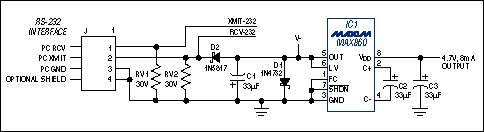 Figure 14. Operating in a voltage-doubler mode, this charge pump converts a negative input voltage (from the TX line of an RS-232 port) to a semi-regulated 5V output at 8mA.