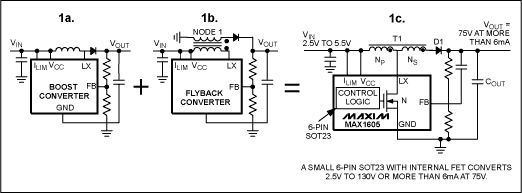 Figure 1a-1c. These high-voltage DC-DC converters in three topologies are used to create high output voltage from low input voltage.