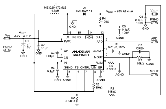 圖1. MAX15031升壓轉(zhuǎn)換器原理圖，F(xiàn)SW = 400kHz (固定)。