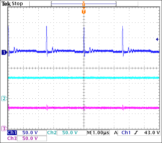 圖3. VIN = 3.3V、APD電流為4mA時(shí)的LX節(jié)點(diǎn)電壓(通道1)、VOUT (通道2)和APD輸出(通道3)。