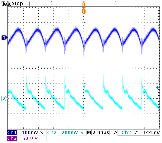 圖4. VIN = 3.3V、APD電流為4mA時(shí)的輸入紋波(通道1)和輸出紋波(通道2)。