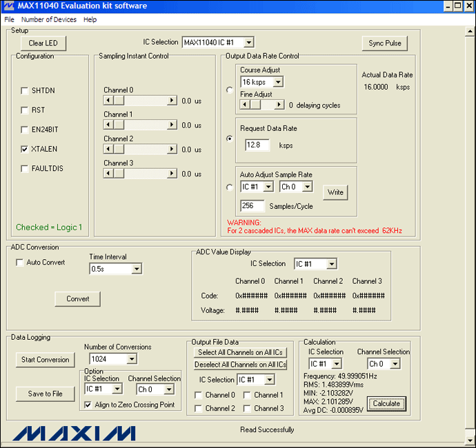 圖4. MAX11040EVKIT GUI允許用戶方便地設置各種測量條件：12.8ksps、256采樣點/周期和1024次轉換。此外，GUI的計算部分提供了一個進行快速工程運算的便捷工具。