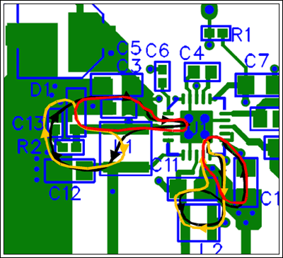 Figure 12. Current paths: black Is the ON cycle; orange Is the OFF cycle; red Is the difference.