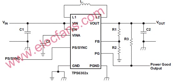 TPS6302x可調(diào)輸出電壓典型應(yīng)用電路圖