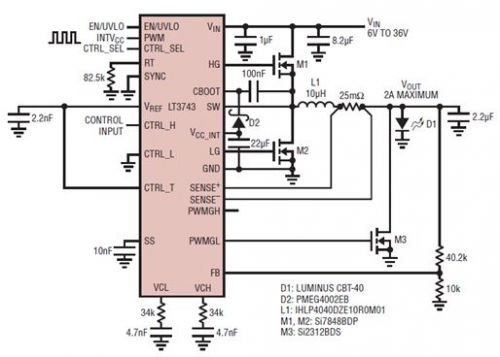 具電流受限并聯(lián)輸出的 6V 至 36V 輸入、2A LED 驅(qū)動器