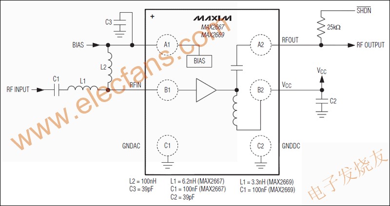 MAX2667/MAX2669高增益，低噪聲放大器(LNA)  來源： 電子發(fā)燒友