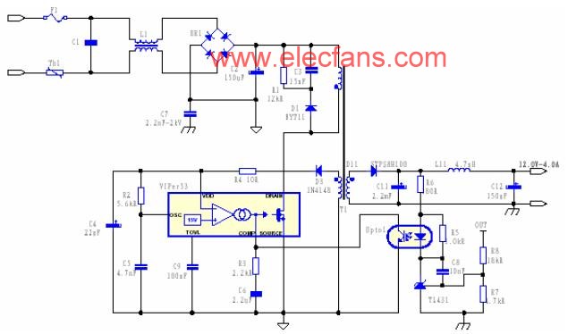 VIPer53設(shè)計的12V/3A 的副邊反饋的開關(guān)電源電路