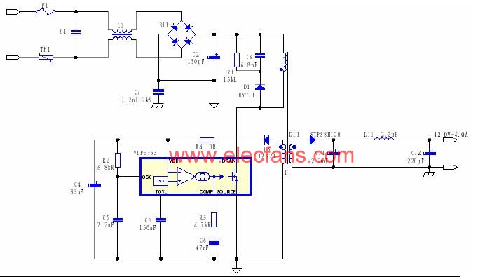 VIPer53設(shè)計(jì)的12V/4A 的原邊反饋的開關(guān)電源電路