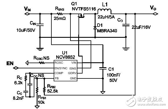  NCV8852   5V，2.5A 車載USB電源設(shè)計實例電路圖