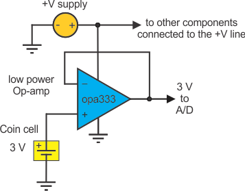 連接 OPA333 單位增益放大器，監(jiān)控紐扣電池電壓