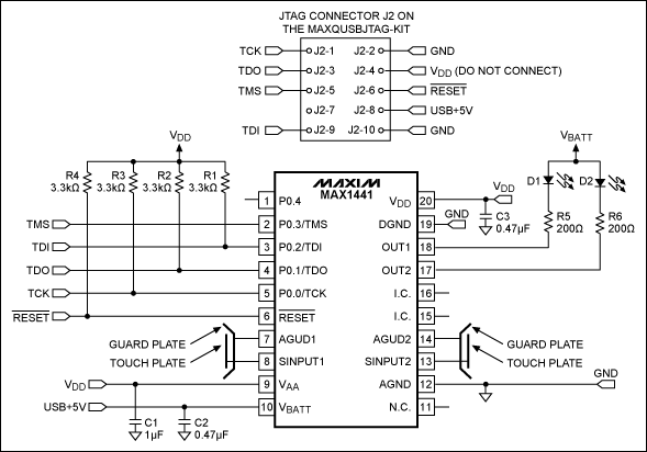 圖1. 連接MAX1441應(yīng)用電路與MAXQUSBJTAG-KIT板的JTAG接口