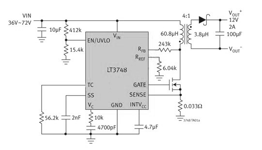 采用主端輸出電壓檢測的 LT3748 反激式轉(zhuǎn)換器