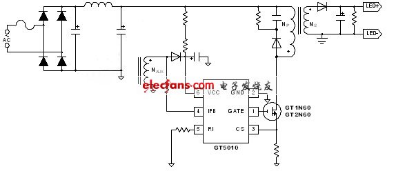 圖一、聚辰GT5010 LED線路示意圖。(電子系統(tǒng)設(shè)計(jì))