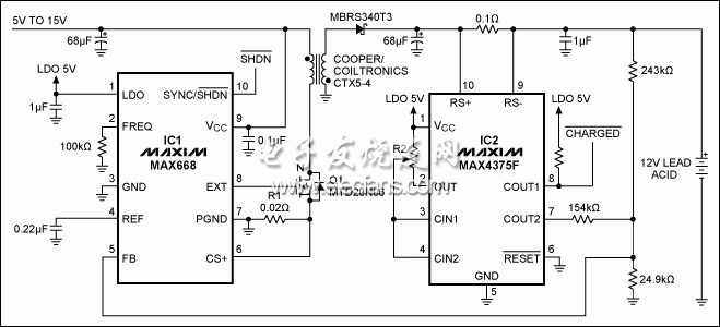 圖1。 這鉛酸電池充電器，適用于高電壓（15V），直到電池充電，然后適用于13.4V保持一個小的涓流充電。