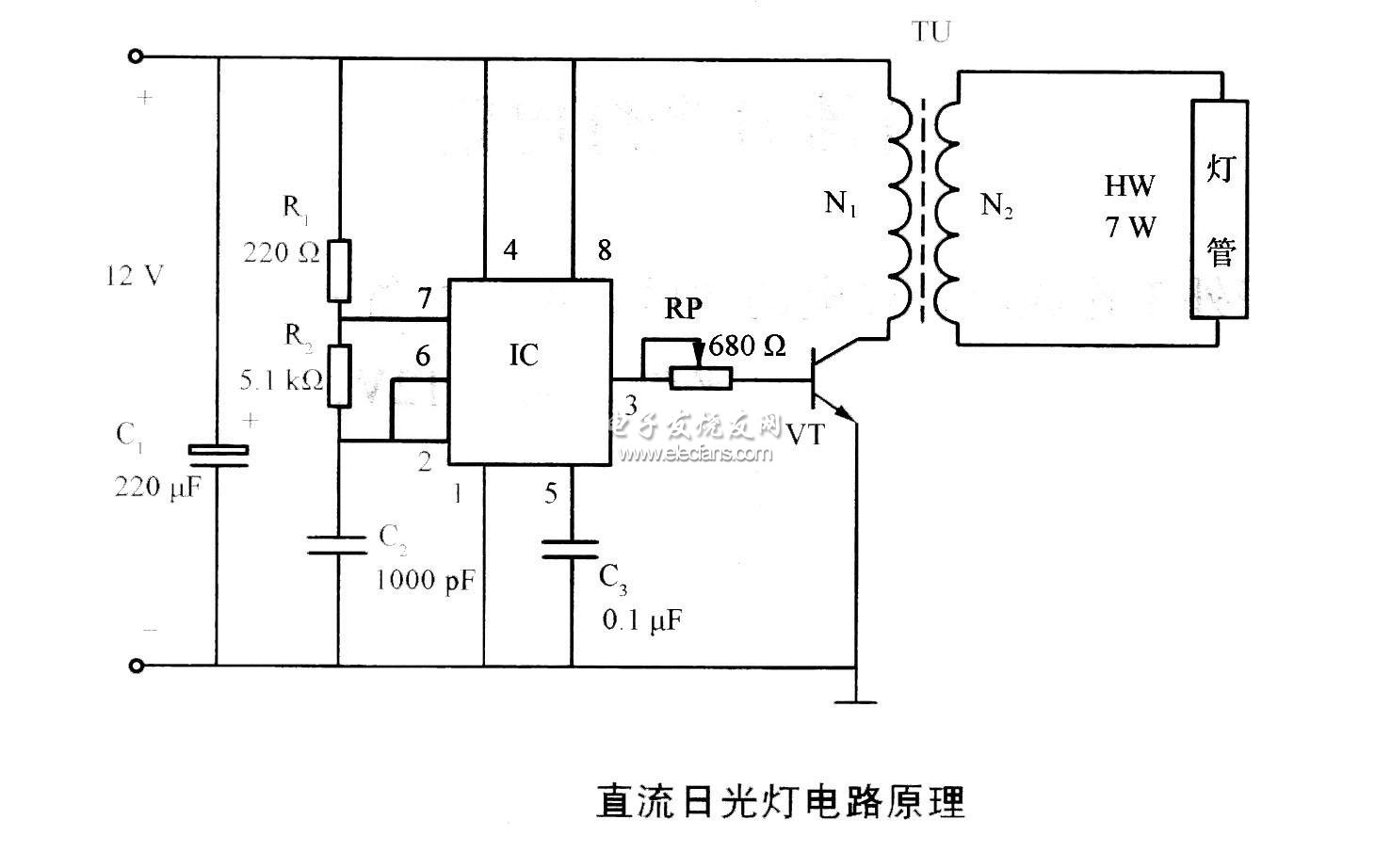 555夠成的直流日光燈電路