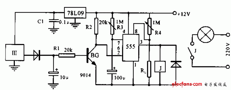 555構(gòu)成的自動(dòng)燈電路圖