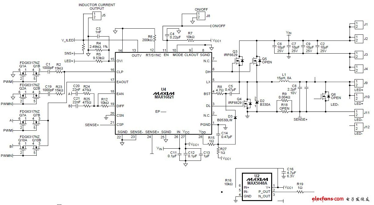 MAX16821的LED驅(qū)動(dòng)器電路板電路