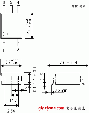 小型高速IGBT/MOSFET柵極驅(qū)動(dòng)耦合器輪廓說(shuō)明圖: TLP155E.