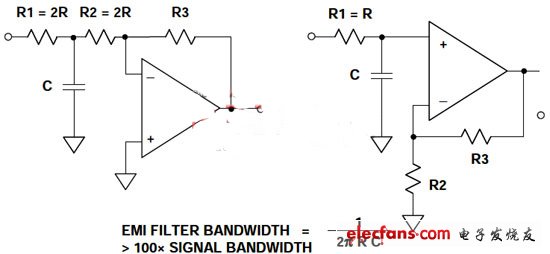 用于運(yùn)算放大器電路的簡單EMI/RFI噪聲濾波器