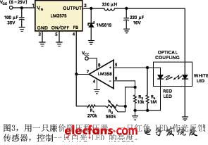 圖3用一只廉價降壓穩(wěn)壓器一只紅色LED作光反饋傳感器控制一只白光LED的亮度