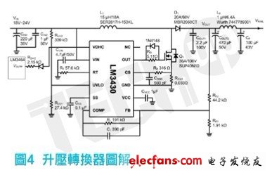 LM3430所執(zhí)行的升壓轉(zhuǎn)換器圖解，以下是選擇主要元件細節(jié)的說明