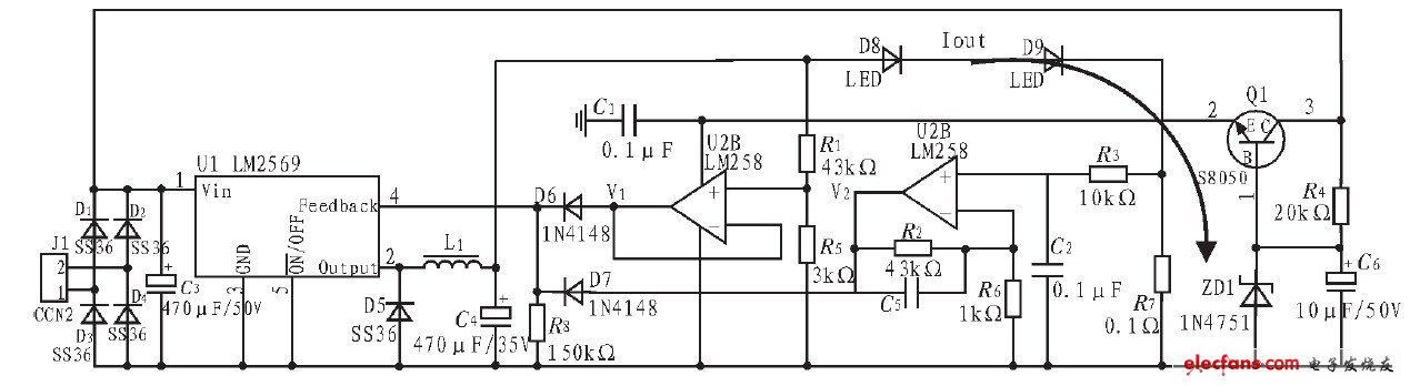 圖4 基于LM2596-ADJ 的LED 開關(guān)恒流穩(wěn)壓電源