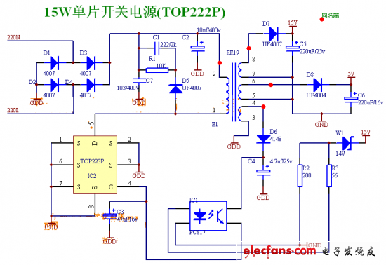 單片TOP223系列開(kāi)關(guān)電源工作原理