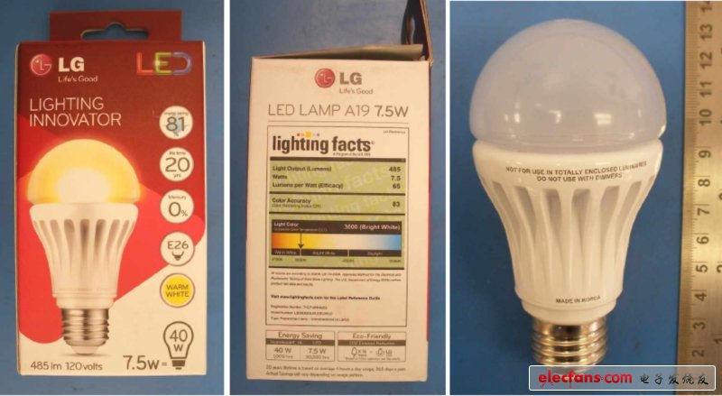 LG 7.5W LED A19燈泡LB08D830L0A。E50JWU0在包裝內(nèi)外對(duì)比