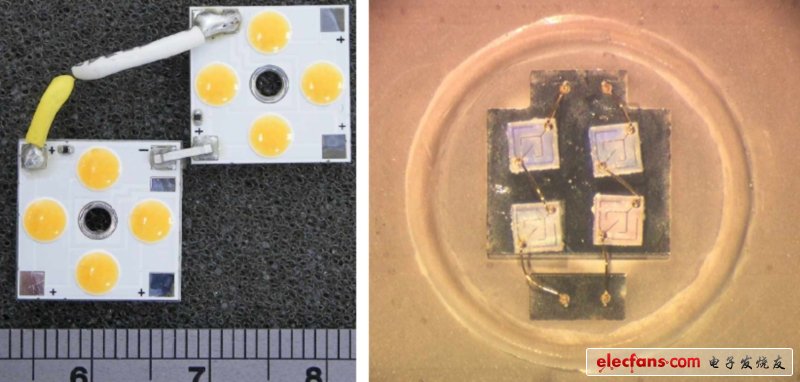 四個LEDs，每個尺寸約為0.5mm x 0.5mm x 0.1mm，封裝在LED凸圓底下