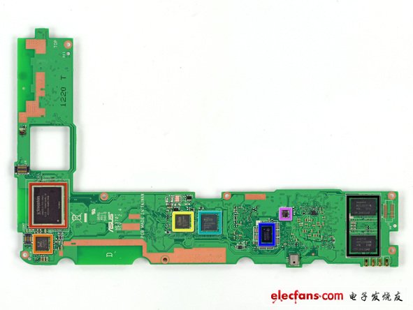 主板的另外一面也同樣布滿了芯片，都有：Kingston KE44B-26BN/8GB 8GB 閃存；RMC ALCS642；ELAN eKTF36248WS；ELAN eKTH10368WS；Texas Instruments 22C96ST；TI20 MI60；Hynix HTC2G83CFR DDR3 RAM