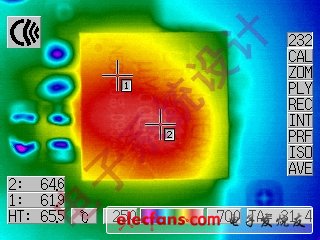 圖3:LTM4611穩(wěn)壓器從5V輸入產(chǎn)生1.5V/15A輸出時的頂部熱像（功耗為3.5W）。在無氣流的實驗臺上測試形成65℃的表面溫度熱區(qū)