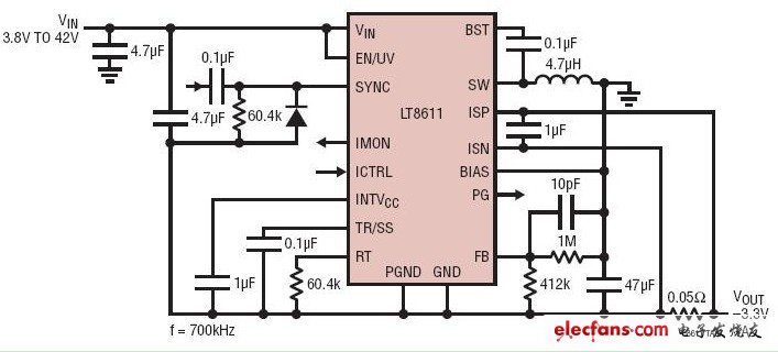 具有1A輸出電流限值的-3.3V負轉(zhuǎn)換器電路圖