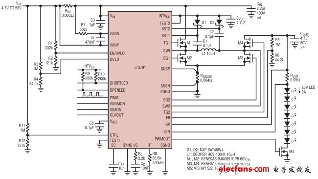 圖 1，效率為98%、功率為50W (25V、2A)的降壓-升壓型LED驅(qū)動器具50:1的調(diào)光比。