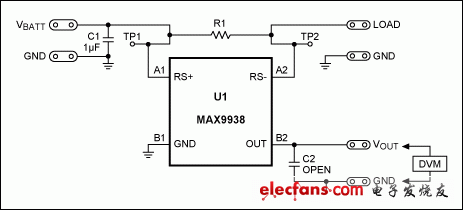 圖4. MAX9938EV標(biāo)準(zhǔn)分流器為50mΩ、4端電阻(R1)。利用6個(gè)100mΩ電阻并聯(lián)R1，得到12.5mΩ檢流電阻。
