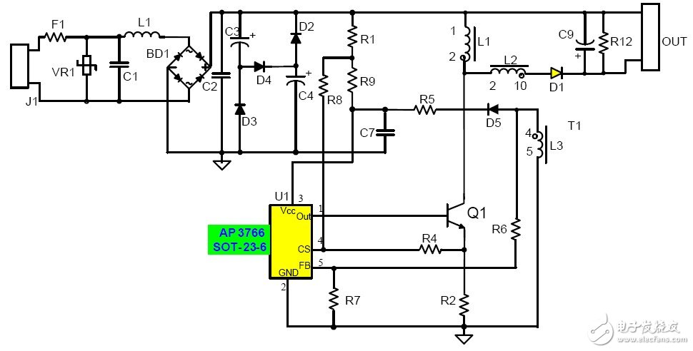 圖2. 基于AP3766的高功率因數(shù)非隔離LED驅(qū)動電路原理圖