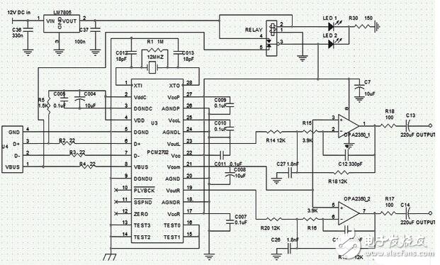 使用PCM2702解碼芯片的USB聲卡電路圖，USB聲卡電路創(chuàng)新設(shè)計(jì)(D/A轉(zhuǎn)換芯片_PCM2702)