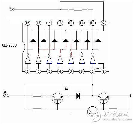 ULN是集成達(dá)林頓管IC，內(nèi)部還集成了一個(gè)消線圈反電動(dòng)勢的二極管，可用來驅(qū)動(dòng)繼電器。它是雙列16腳封裝，NPN晶體管矩陣，最大驅(qū)動(dòng)電壓=50V，電流=500mA，輸入電壓=5V，適用于TTL COMS，由達(dá)林頓管組成驅(qū)動(dòng)電路。 ULN是集成達(dá)林頓管IC，內(nèi)部還集成了一個(gè)消線圈反電動(dòng)勢的二極管，它的輸出端允許通過電流為200mA，飽和壓降VCE 約1V左右，耐壓BVCEO 約為36V。用戶輸出口的外接負(fù)載可根據(jù)以上參數(shù)估算。采用集電極開路輸出，輸出電流大，故可直接驅(qū)動(dòng)繼電器或固體繼電器，也可直接驅(qū)動(dòng)低壓燈泡。通常單片機(jī)驅(qū)動(dòng)ULN2003時(shí)，上拉2K的電阻較為合適，同時(shí)，COM引腳應(yīng)該懸空或接電源。