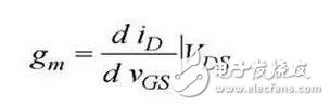 在轉(zhuǎn)移特性曲線上，gm 是曲線在某點(diǎn)上的斜率，也可由iD的表達(dá)式求導(dǎo)得出，單位為 S 或 mS。