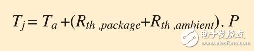 圖 3 - 環(huán)境溫度與結(jié)溫之間的關(guān)系。其中 Tj 代表結(jié)溫，Ta 代表環(huán)境溫度，Rth、package 代表結(jié)點(diǎn)與封裝外表面間的熱阻，Rth、ambient 代表封裝外表面和環(huán)境空氣間的熱阻（如果沒(méi)有散熱器或空氣流時(shí)為 0）且 P 為器件耗散的功率。