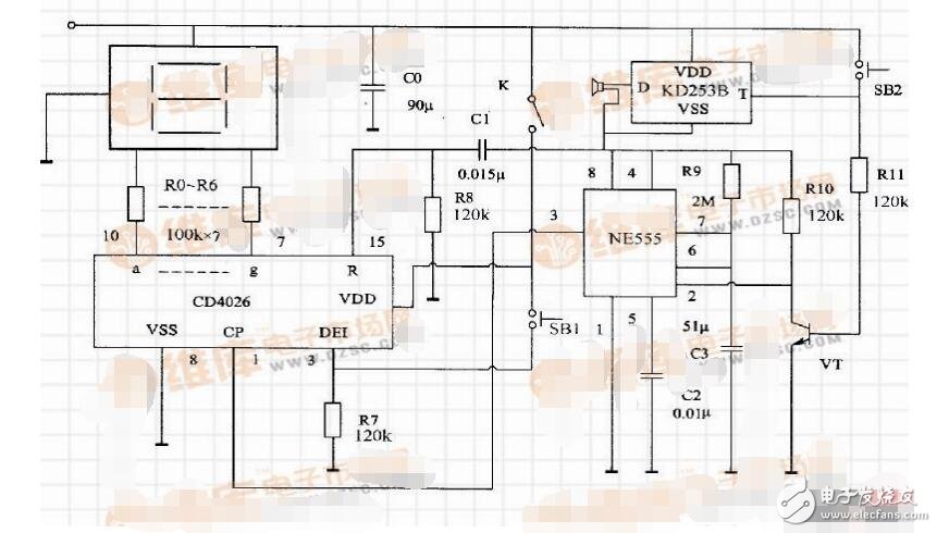 CD4026與555時(shí)基電路等組成的數(shù)字顯示門鈴電路