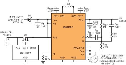 圖 7：為了實現(xiàn)高效率，這個雙輸入 5V 電源在電池通路中采用 LTC4412 低損耗電源通路 (PowerPath?) 控制器和 P 溝道 MOSFET 取代了肖特基二極管。廉價肖特基二極管用在較高電壓輸入端，在這里，肖特基二極管的壓降微不足道。