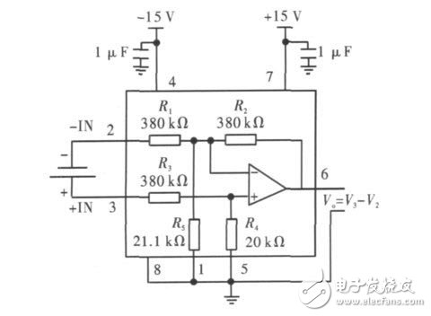 圖2 INA117 輸出電壓是兩輸入電壓之差的接法